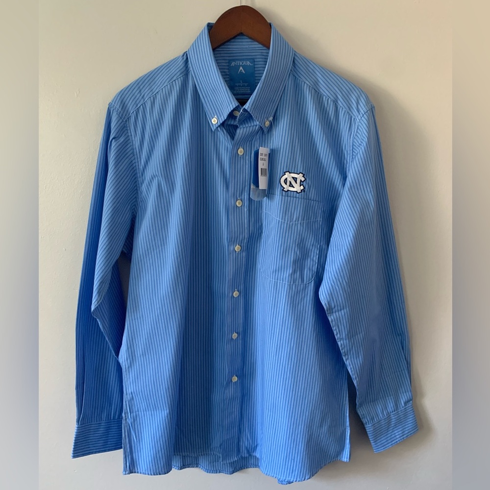 NWT Men’s Antigua Blue Pinstripe Long Sleeve Button Up North Carolina Large